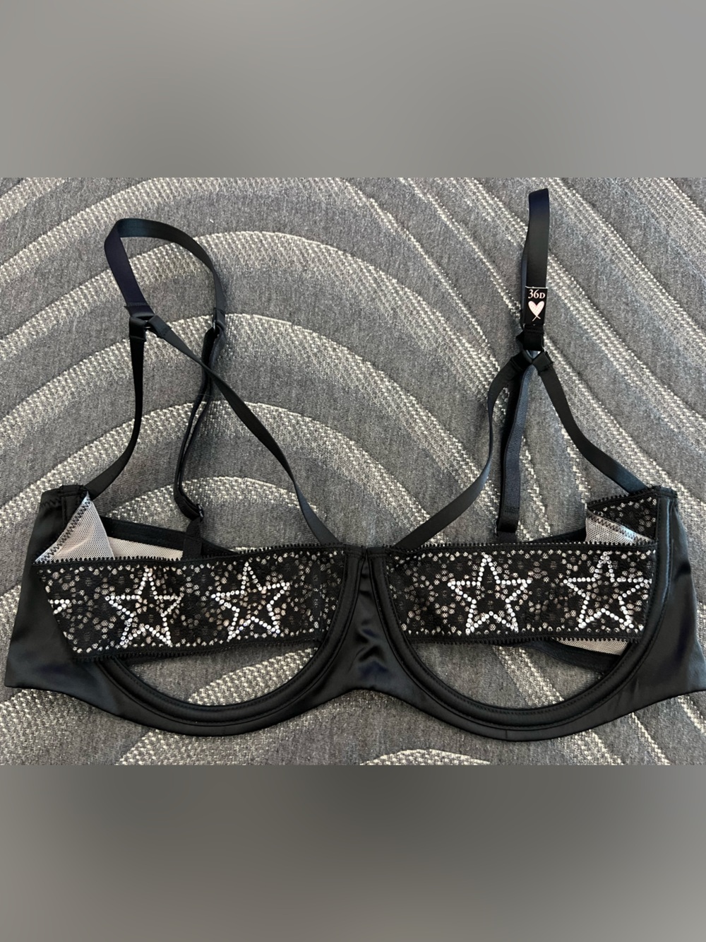 NWOT Victoria's Secret Black Rhinestone Star Lace balconette bra 36D